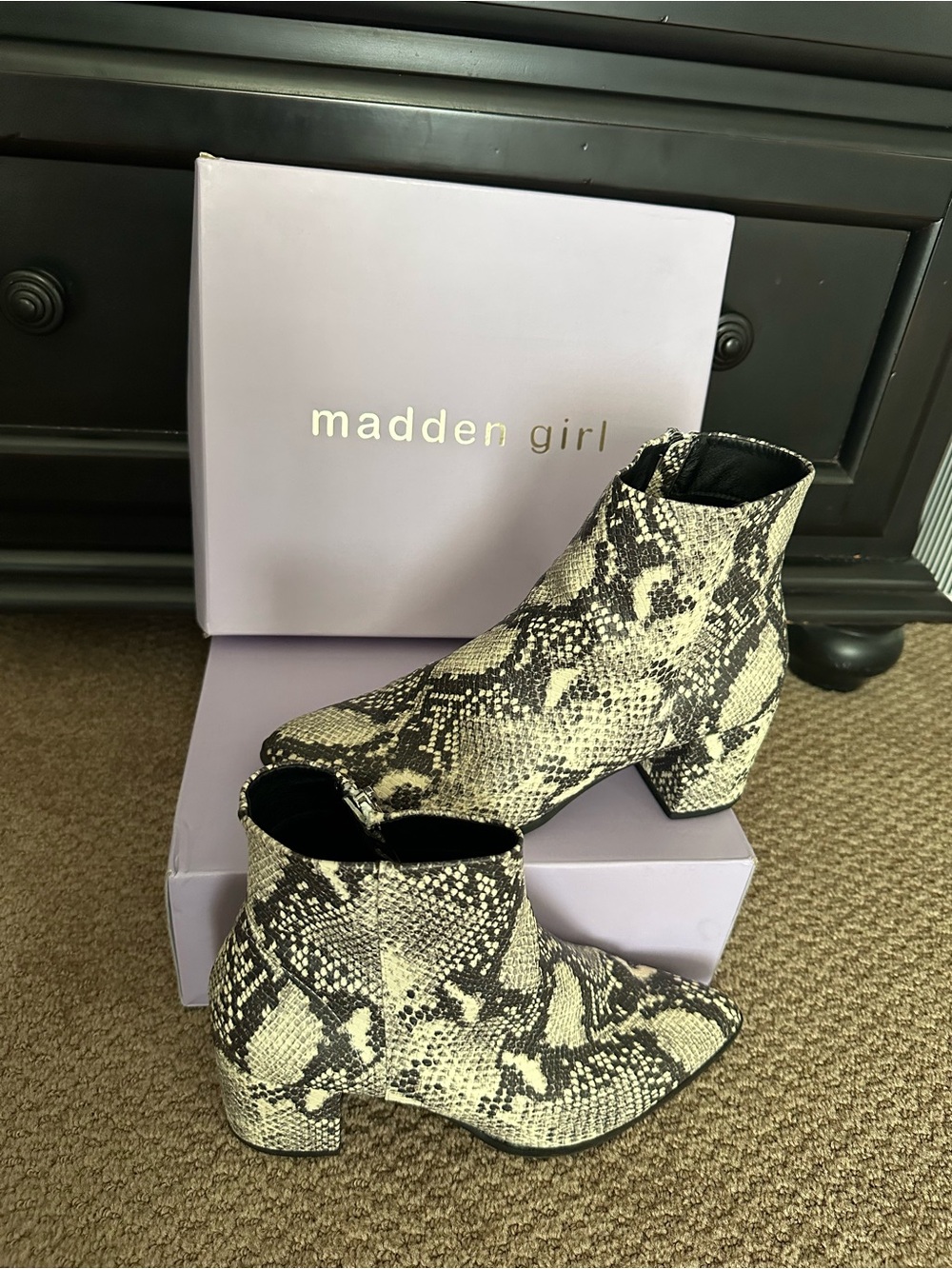 Madden Girl Snake-Print Ankle Boots in Black & Cream